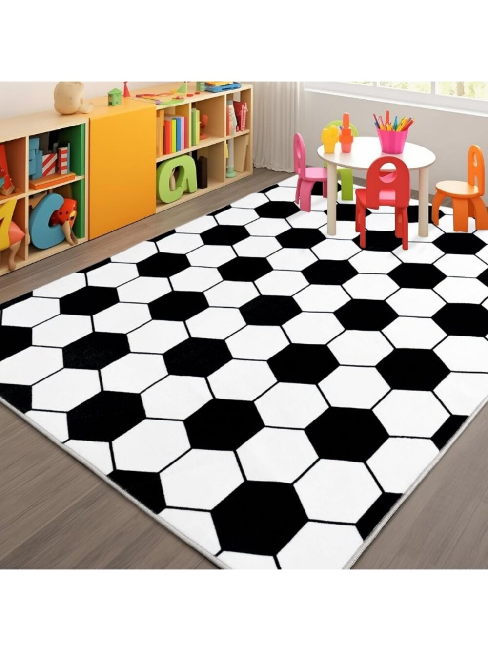 Soccer Area Rug for Boys Bedroom, 7x9 Washable Low Pile Playroom Decor